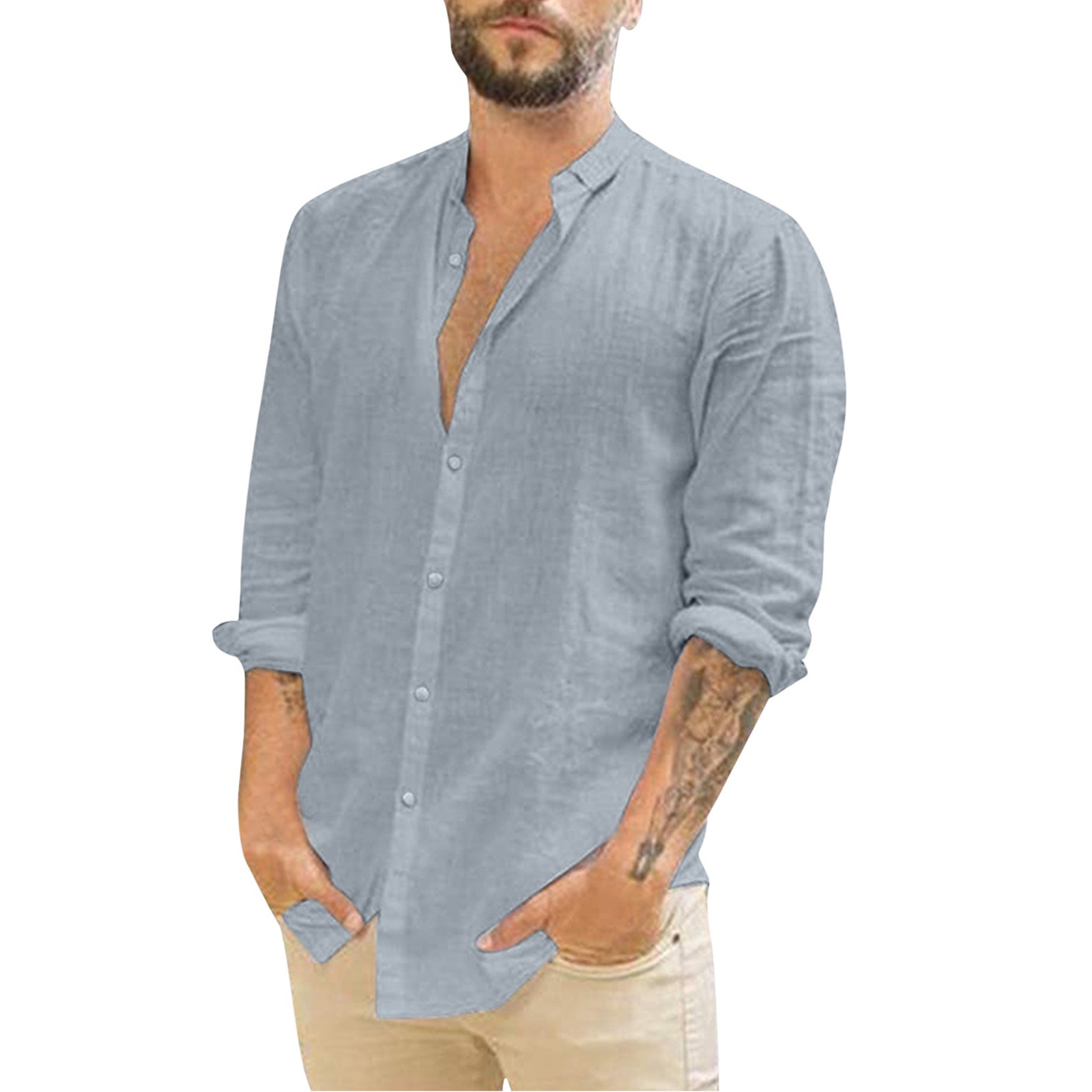 thumbnail image 2 of Camisa de manga larga con cuello vuelto para hombre - Diseño liso - Algodón - Informal para todas las estaciones - Tallas M-XXXL, 2 of 6